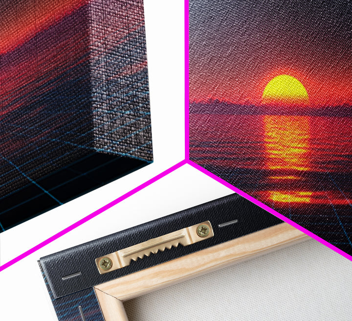 Retro Futuristic Sunset Over Ocean With Neon Grid Horizon Wall Art Modern Digital Canvas Print For Home