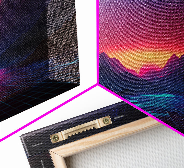 Futuristic Cyberpunk Landscape With Neon Mountains And Grid Canvas Print Modern Wall Art Home Decor Abstract Wall Decor