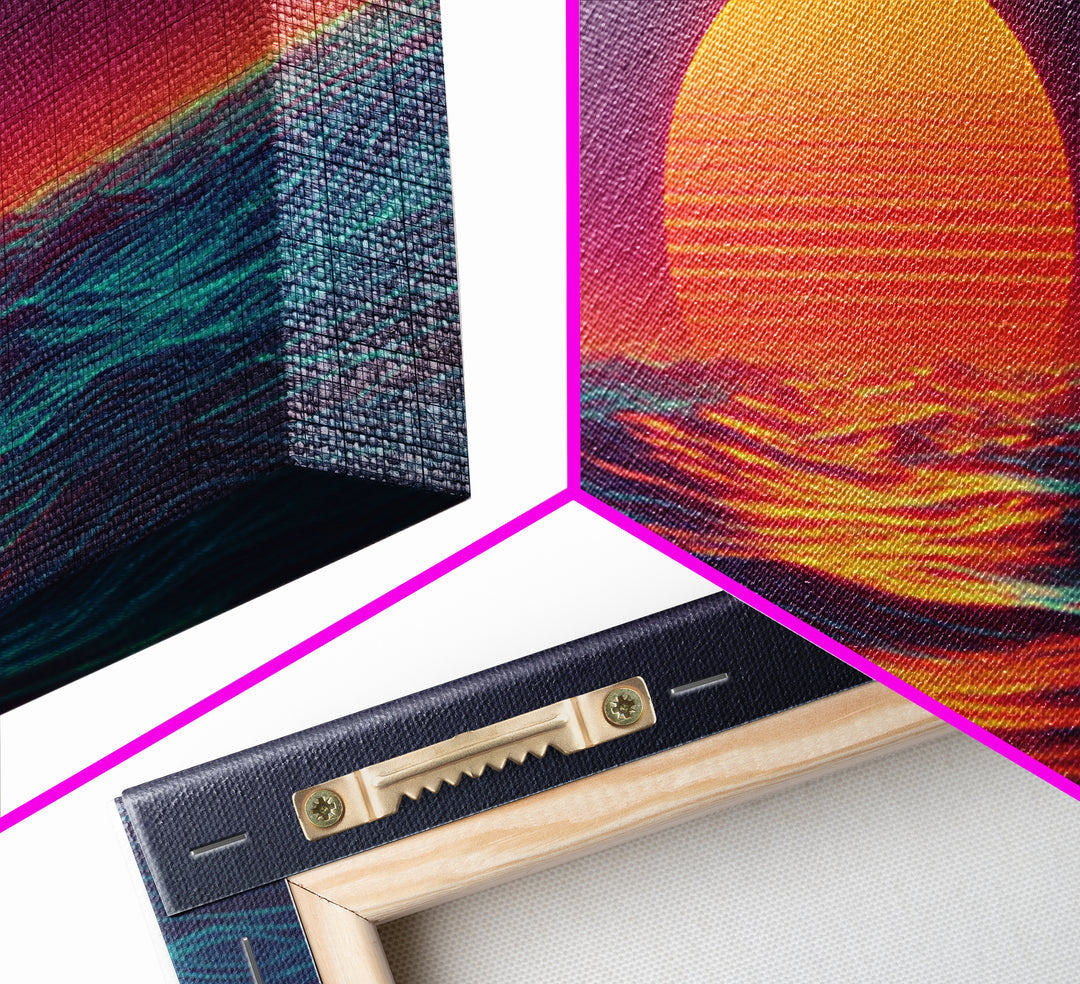 Retro Futuristic Neon Sunset Over Ocean Vibrant Wave Wall Art Canvas Print For Modern Living Room Decor