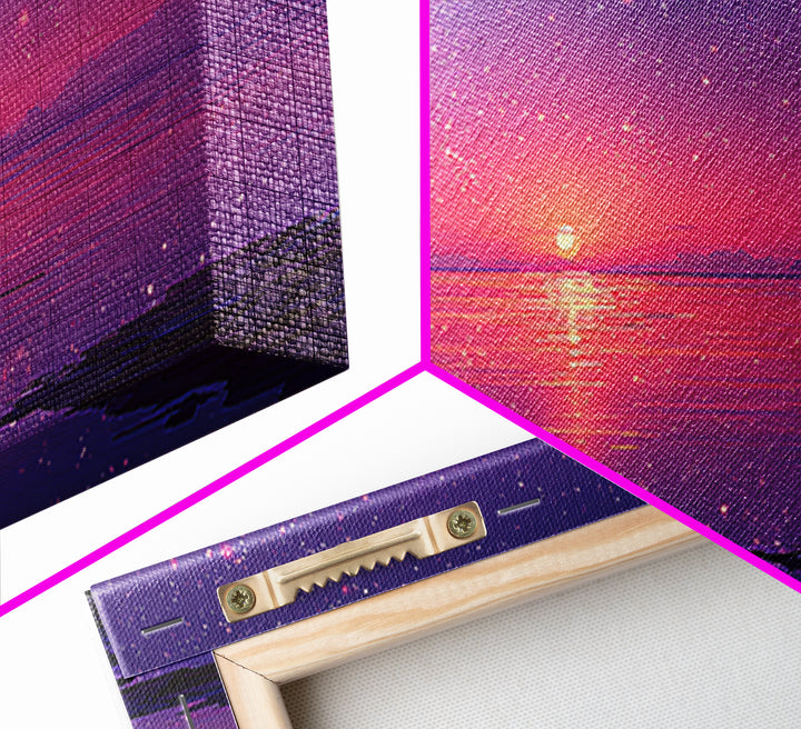 Starry Purple Night Sunset Over Calm Lake Landscape Wall Art Framed Canvas Print With Dreamy Celestial Sky And Tranquil Water Reflections