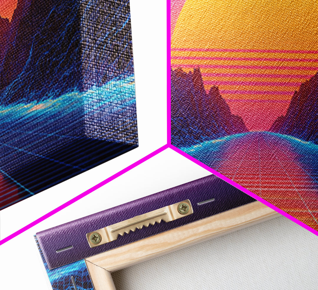 Retro Futuristic Neon Sunset Landscape With Grid Road Abstract Digital Canvas Print Modern Wall Art For Bedroom And Office Decor