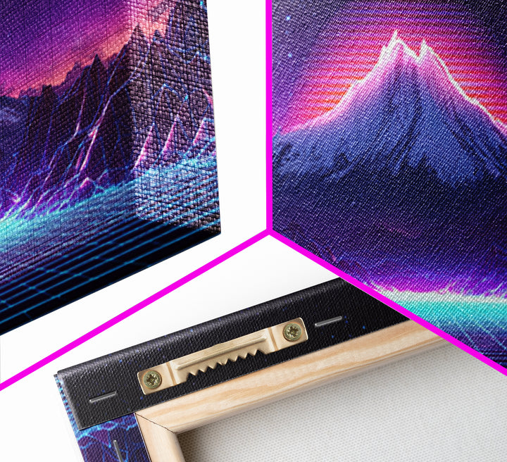 Retro Futuristic Digital Landscape Of Neon Grid And Majestic Mountain Scene Wall Art Modern Canvas Print For Unique Decor