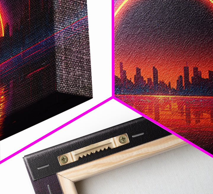 Vibrant Futuristic Cyberpunk Cityscape With Neon Sunset Reflection Wall Art Canvas Print Bright Modern Home Office Decor