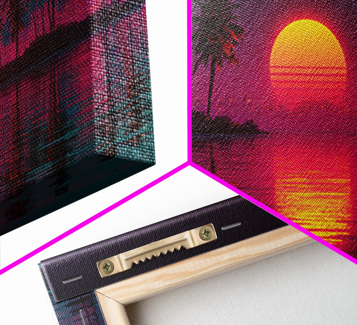 Vibrant Retro Sunset With Palm Trees Coastal Wall Art Framed Canvas Print For Tropical Home Decor