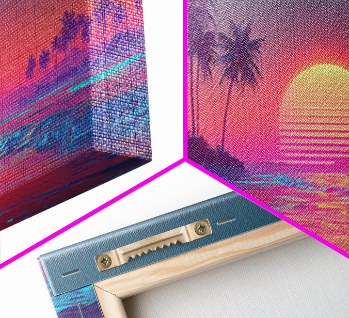 Pink And Blue Vibrant Tropical Beach Sunset With Palm Trees Coastal Wall Art Canvas Print Modern Boho Home Decor For Living Room Or Bedroom