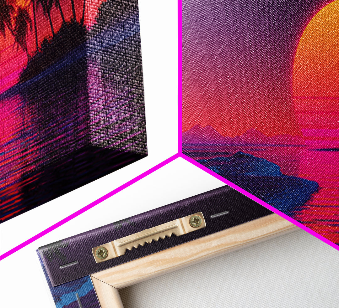 Retro Neon Sunset Over Ocean With Palm Trees And Vibrant Pink Horizon Tropical Wall Art Framed Canvas Print For Coastal Decor