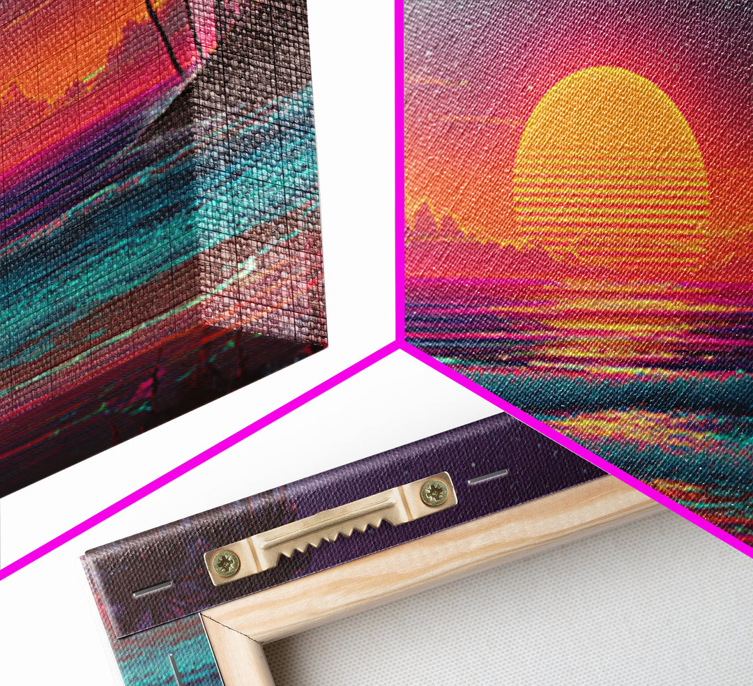 80s Style Digital Sunset Beach Scene With Palm Trees Retro Aesthetic Coastal Wall Art