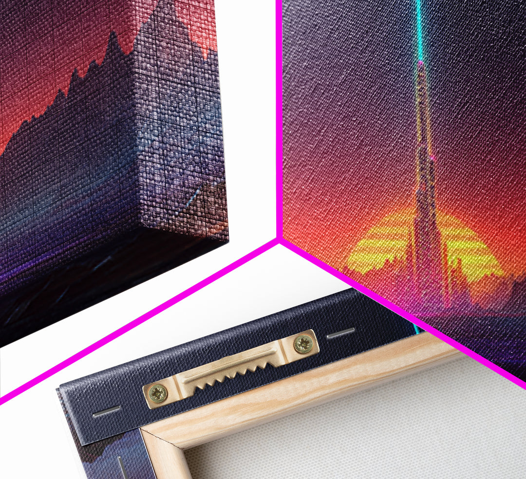 Digital Art Cityscape With Tower And Neon Beam At Sunset Colorful Futuristic Wall Art Framed Canvas Print