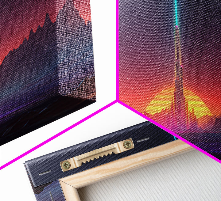 Digital Art Cityscape With Tower And Neon Beam At Sunset Colorful Futuristic Wall Art Framed Canvas Print