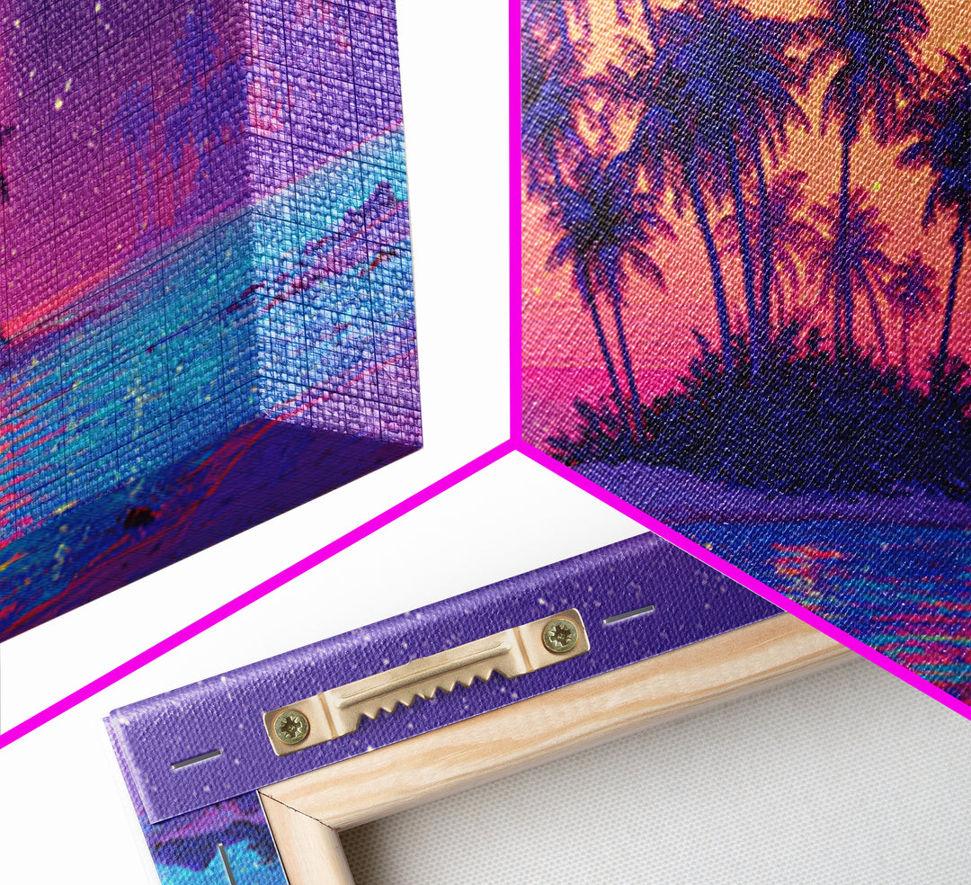 Vibrant Neon Sunset Over Tropical Island With Palm Trees Canvas Print For Modern Wall Art Home Decor