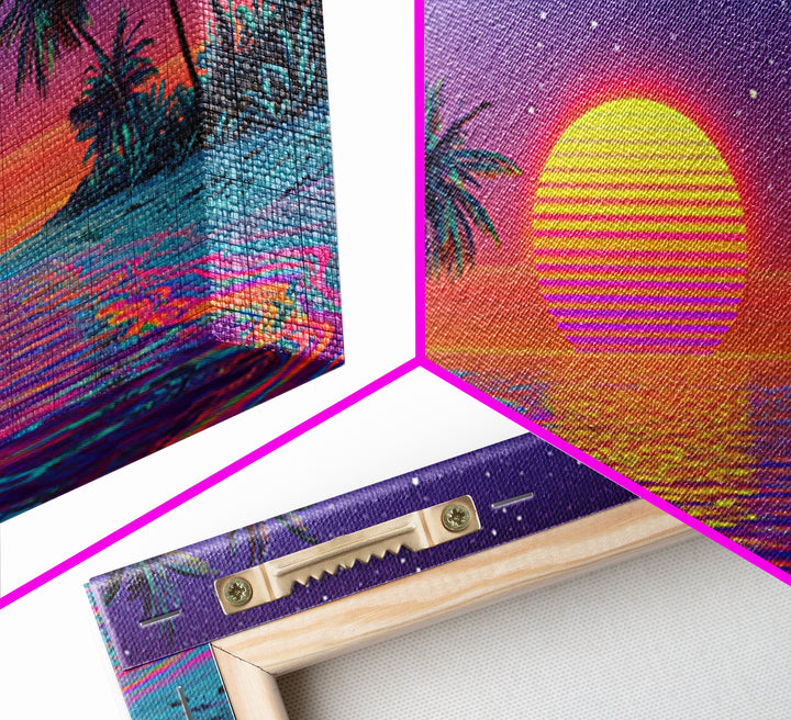 Vibrant Neon Tropical Sunset With Palm Trees And Starry Sky Beach Wall Art Modern Wall Decor Canvas Print