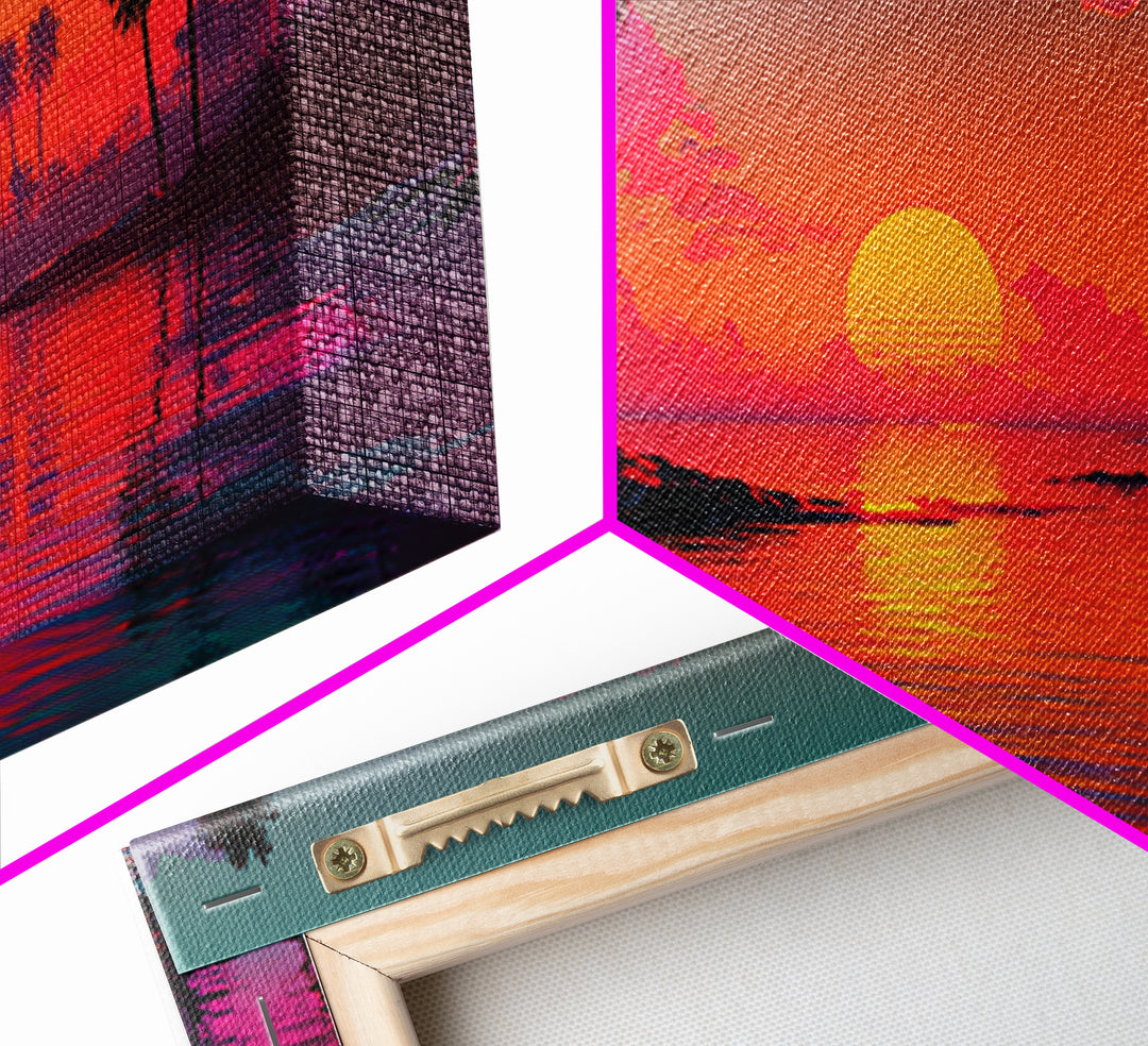 Vivid Pink Orange Tropical Sunset Over Calm Ocean With Palm Trees Coastal Wall Art Framed Canvas Print Bohemian Beach Home Decor Wall Decor