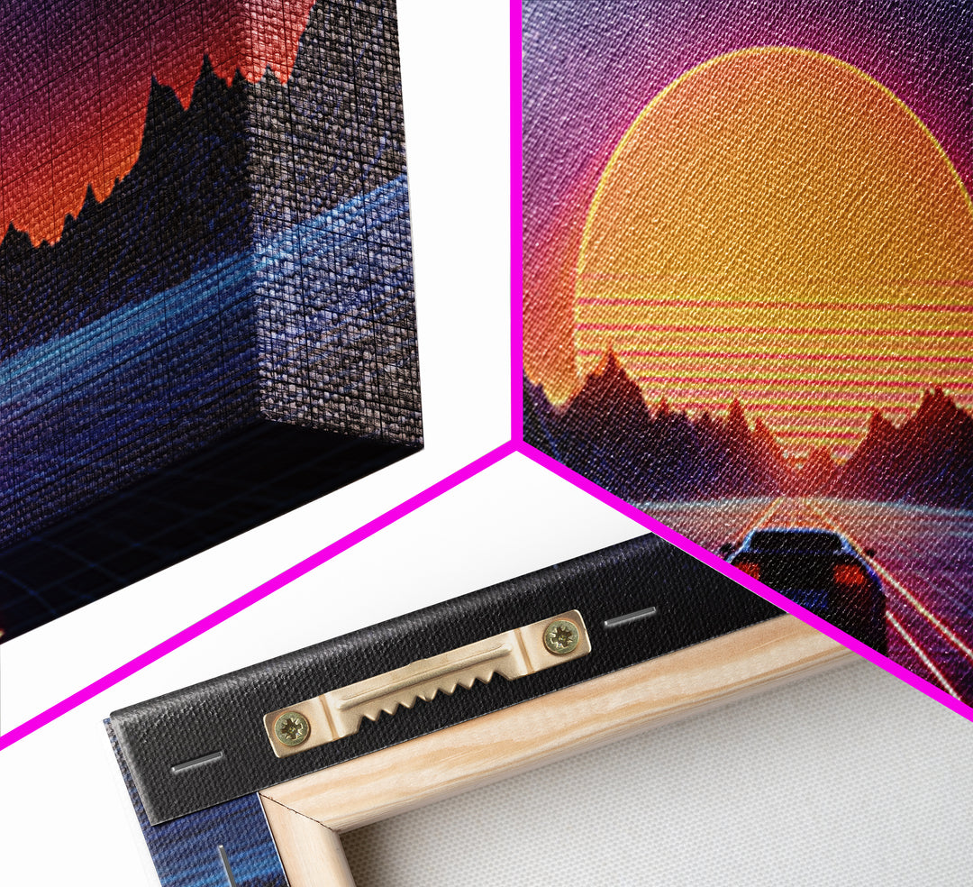 Retro Futuristic 80s Style Neon Sunset With Grid Road And Mountains Vibrant Digital Artwork Ideal For Gaming Room Wall Art And Modern Home Decor Canvas Print