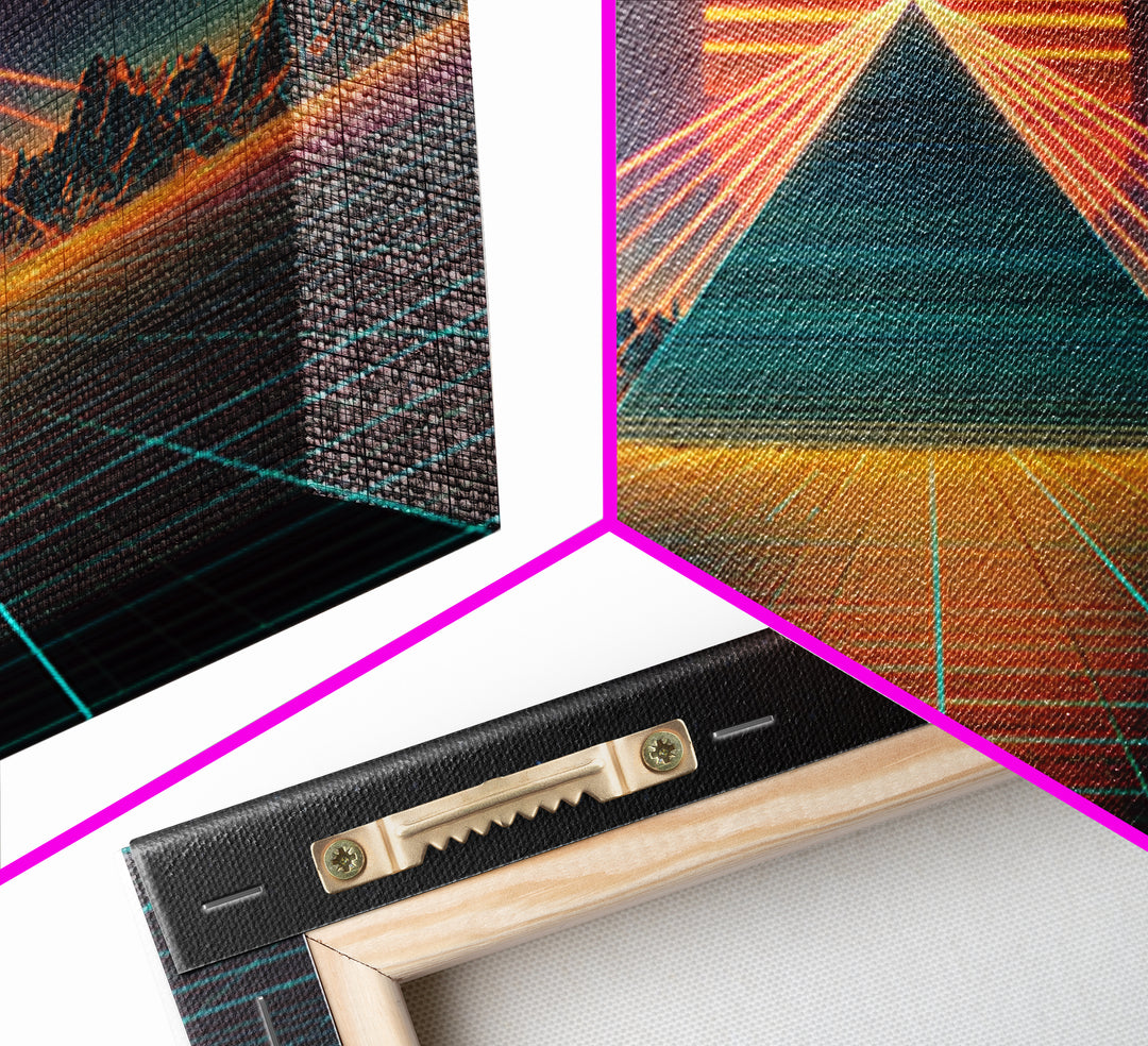 Futuristic Neon Pyramid With Laser Lights At Sunset Digital Artwork, Modern Wall Art Framed Canvas Print For Contemporary Home Decor