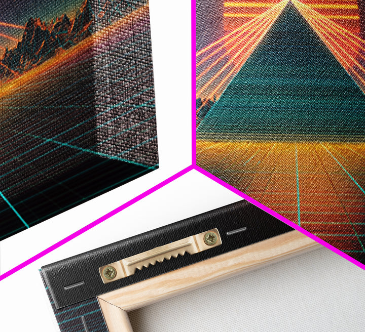 Futuristic Neon Pyramid With Laser Lights At Sunset Digital Artwork, Modern Wall Art Framed Canvas Print For Contemporary Home Decor