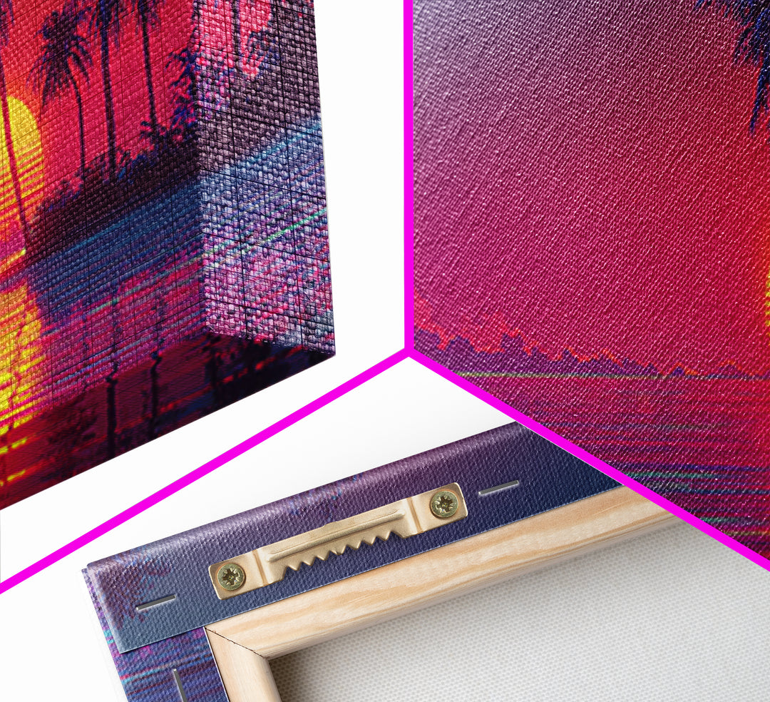 Vibrant Retro Sunset Beach Scene With Palm Trees And Ocean Reflection Wall Art