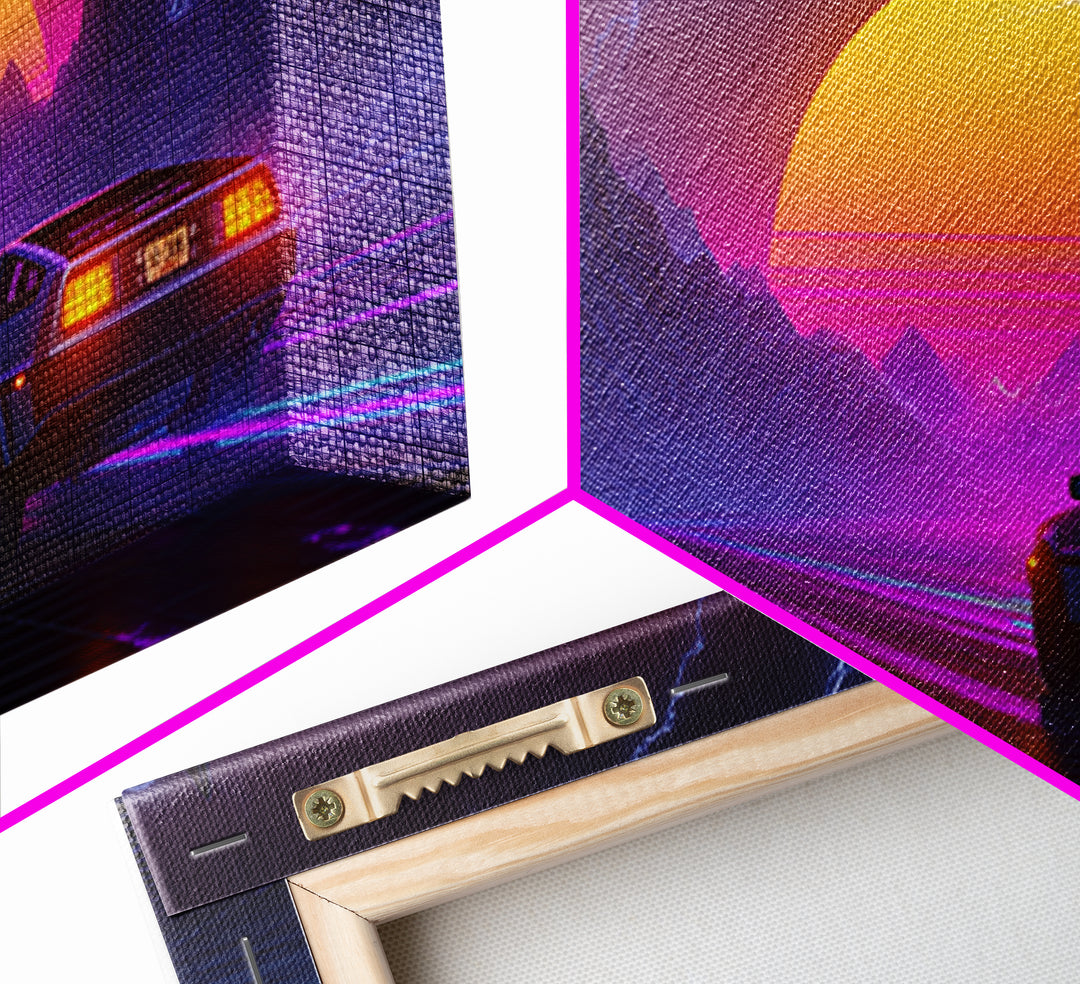 Retro Futuristic Neon Landscape With DeLorean Car Canvas Print Synthwave Wall Art Abstract Wall Decor Modern Home Decor