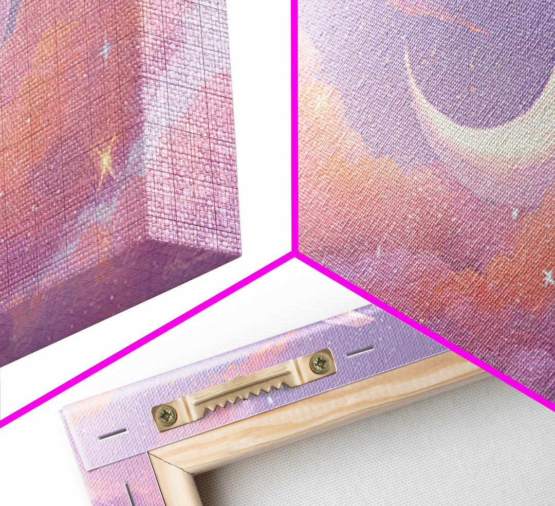 Pastel Crescent Moon In Pink Clouds Wall Art, Celestial Nursery Decor, Dreamy Bedroom Print, Whimsical Starry Sky, Aesthetic Room Decor