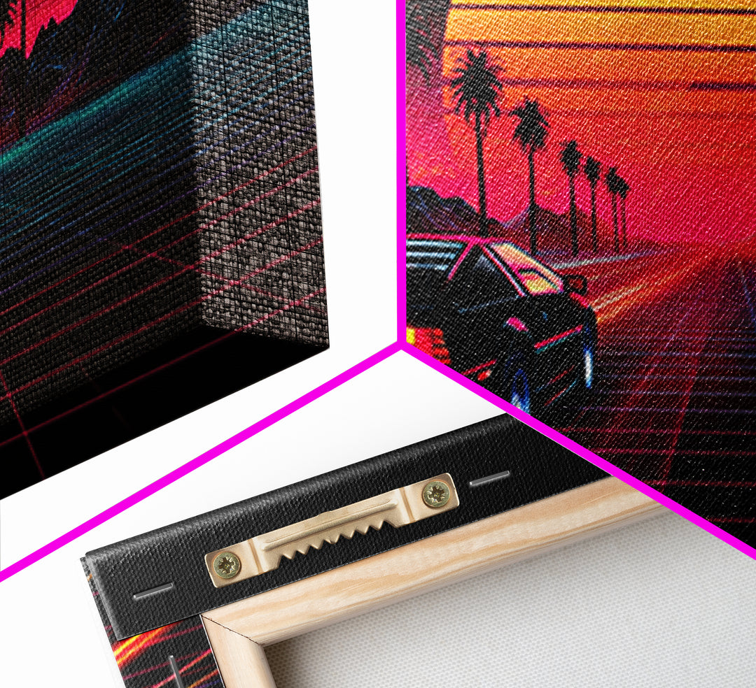 Retro Futuristic Sunset With Sportscar And Palm Trees Neon Vibes Canvas Print For Gaming Room Or Office Decor