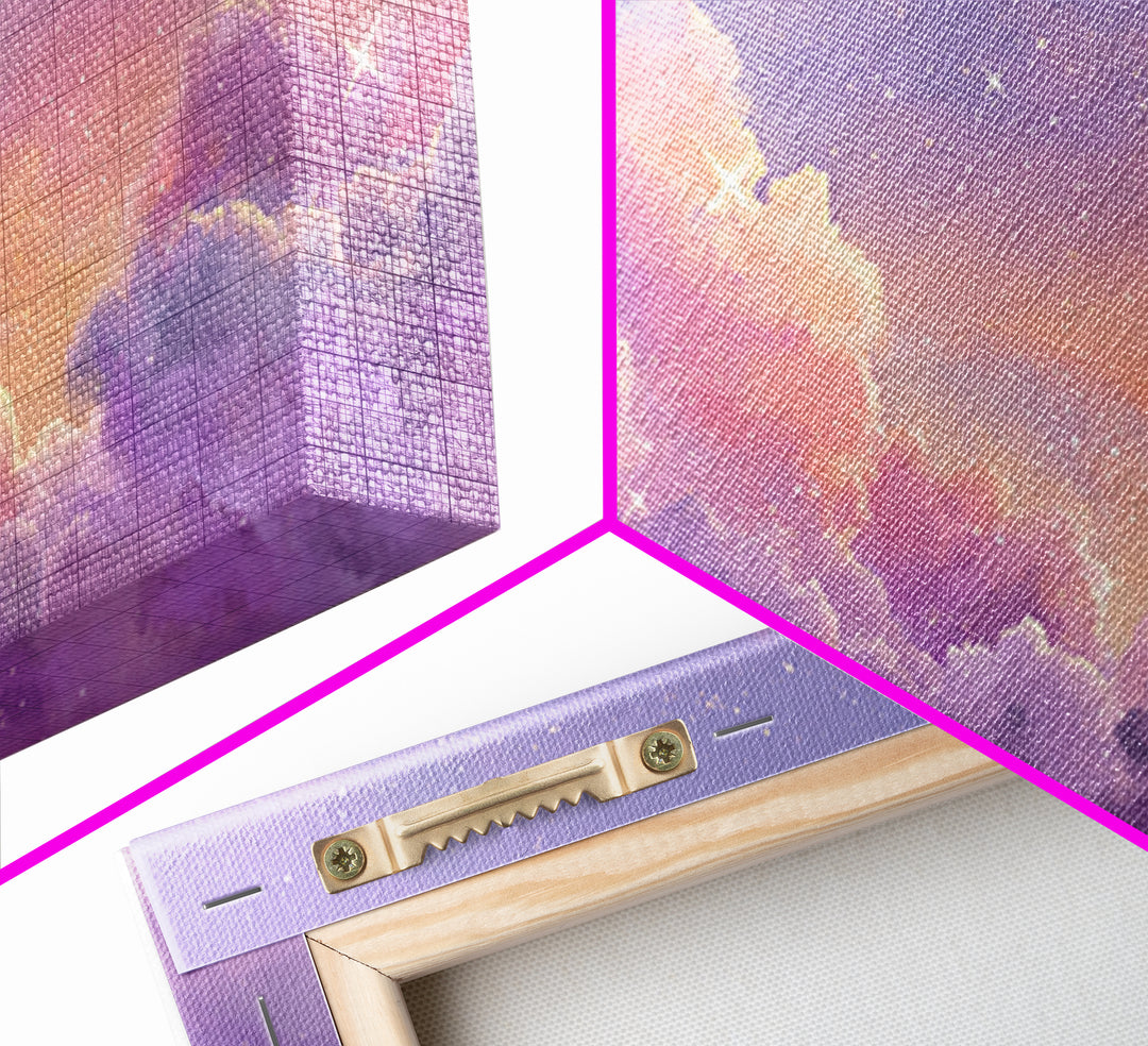 Purple Starry Clouds At Sunset Canvas Print, Dreamy Celestial Wall Decor, Pastel Sky Bedroom Art, Whimsical Room Decor Gift