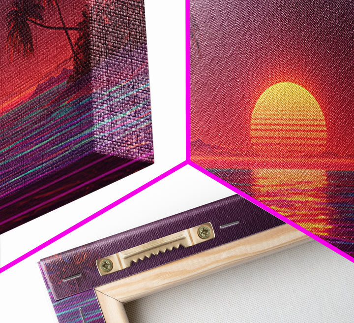 Vibrant Neon Red Sunset Over Ocean With Palm Trees Canvas Print Colorful Coastal Wall Art Tropical Beach Decor