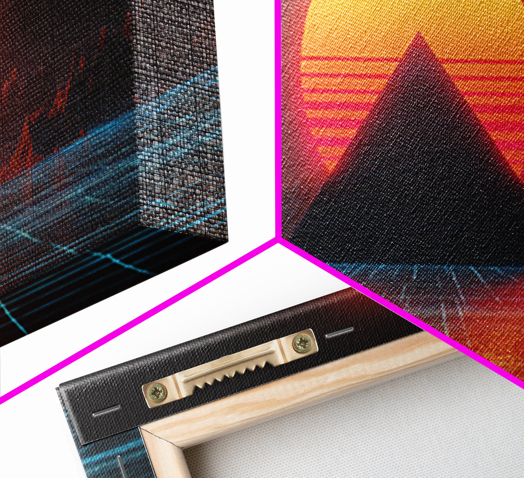 Retro Futuristic Neon Pyramid Sunset Sci Fi Digital Artwork Wall Art For Modern Home Office Decor Framed Canvas Print