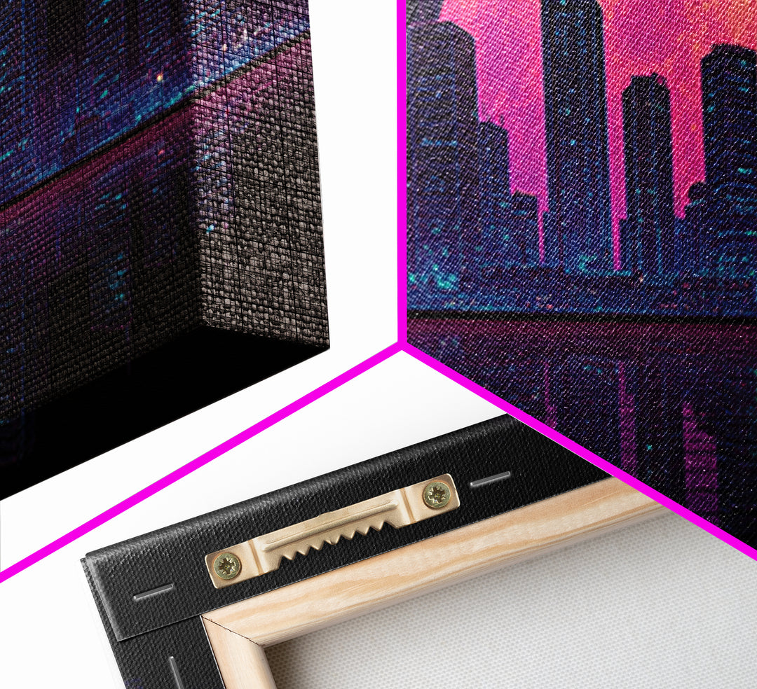 Futuristic Neon Cityscape Night Skyline With Pink Full Moon Canvas Print Urban Wall Art Print Decor