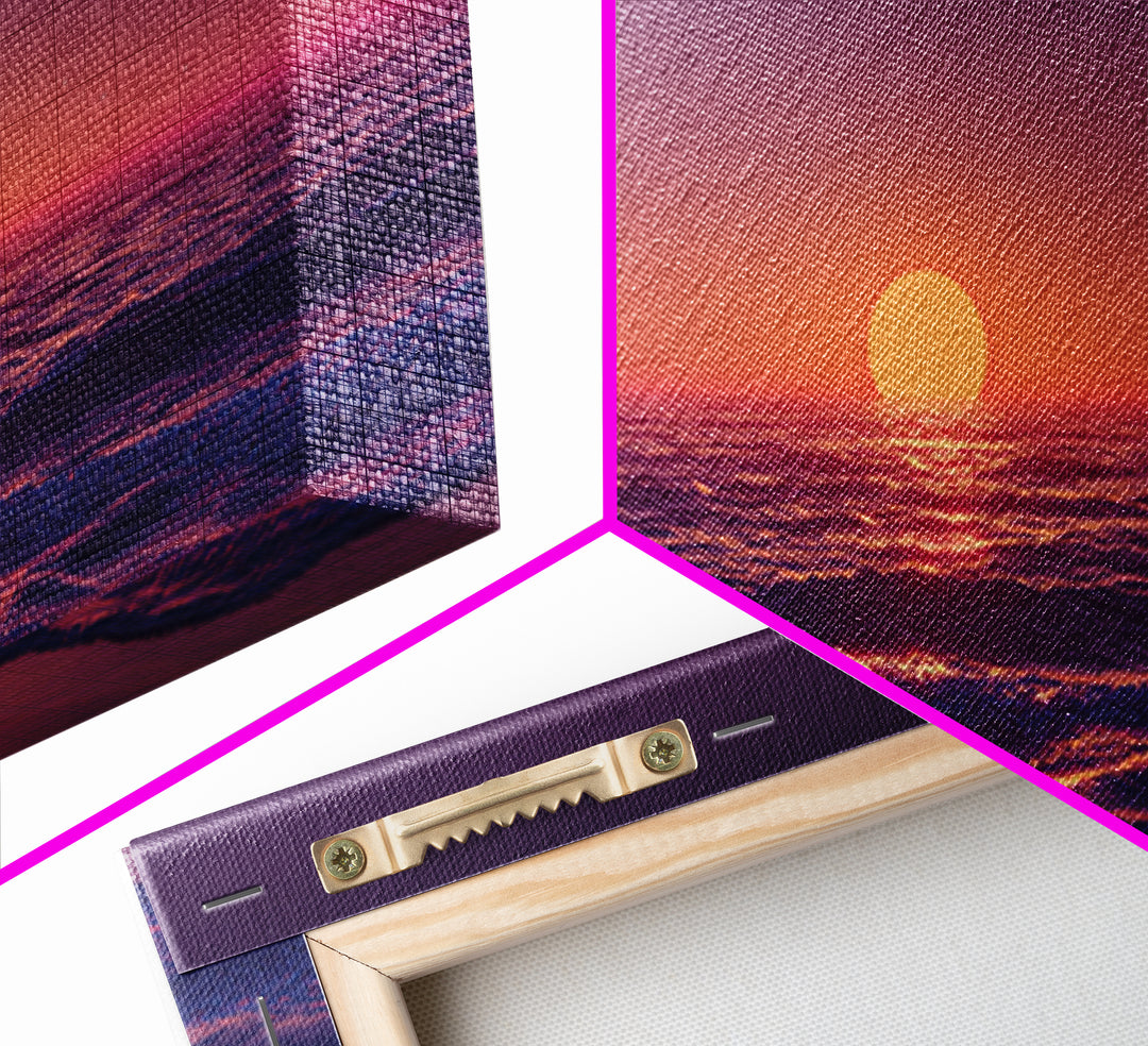 Vibrant Sunset Over Calm Ocean Waves With Pink And Purple Sky Beautiful Coastal Wall Art Framed Canvas Print For Bedroom Decor