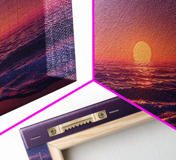 Vibrant Sunset Over Calm Ocean Waves With Pink And Purple Sky Beautiful Coastal Wall Art Framed Canvas Print For Bedroom Decor