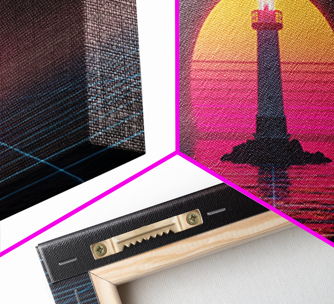Retro Futuristic Neon Lighthouse Digital Painting Canvas Print Trendy Wall Art Modern Home Decor For Living Room And Office
