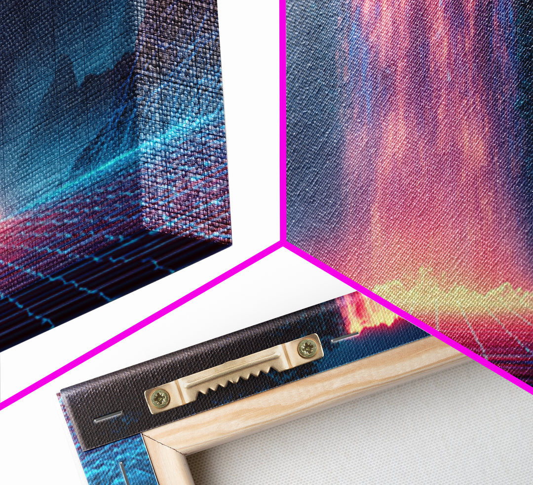 Glowing Neon Digital Waterfall With Futuristic Mountains Wall Art Framed Canvas Print Unique Modern Art Decor For Office Or Living Room