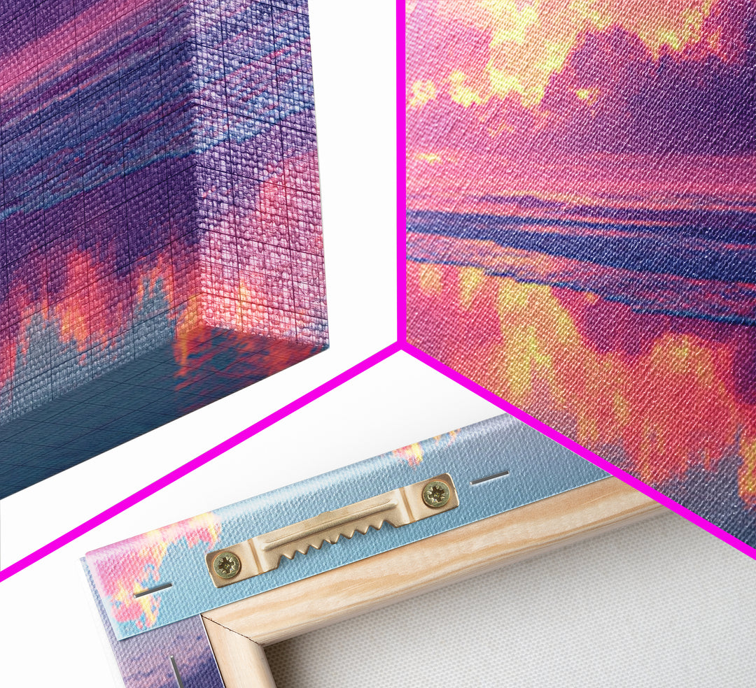Surreal Pink Cloudy Beach Sunset Reflection Wall Art Framed Canvas Print For Living Room Home Decor Coastal Art