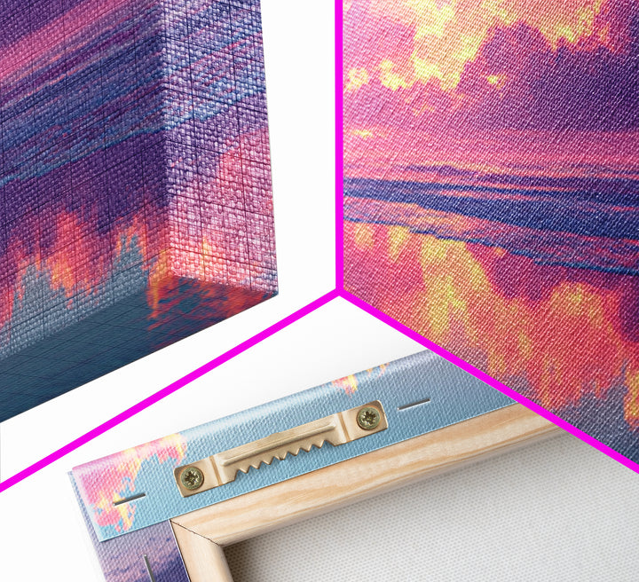 Surreal Pink Cloudy Beach Sunset Reflection Wall Art Framed Canvas Print For Living Room Home Decor Coastal Art