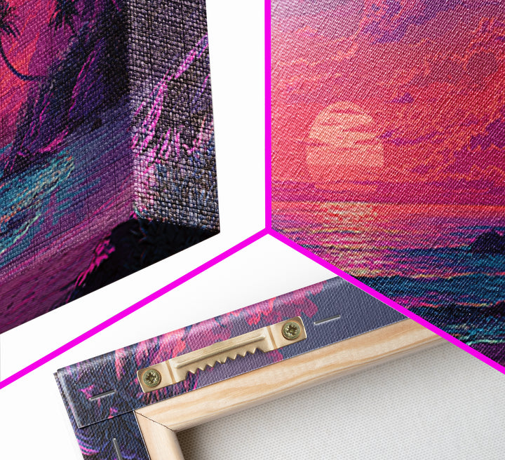 Tropical Pink Sunset Over Quiet Beach With Palm Trees Vibrant Coastal Wall Art Canvas Print For Modern Home Decor