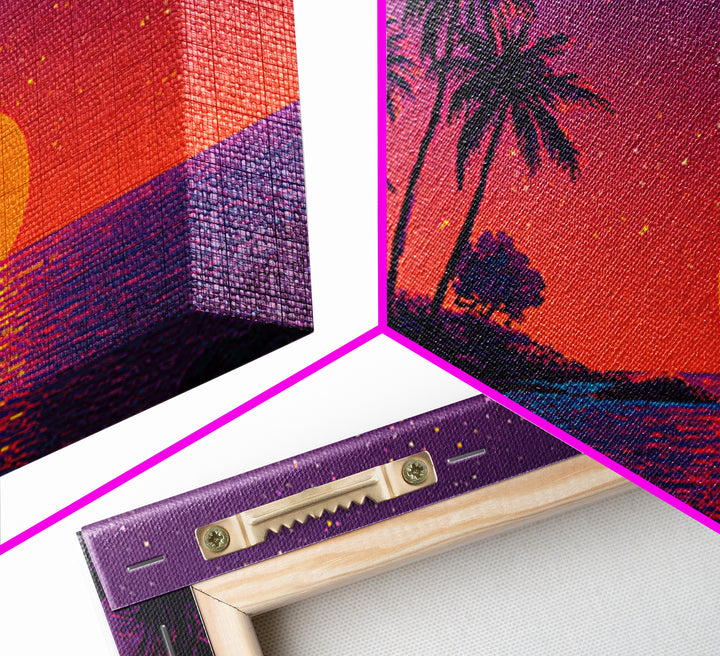 Pixel Art Vibrant Tropical Sunset Beach Scene With Palm Trees Retro Style Wall Art Framed Canvas Print For Coastal Decor