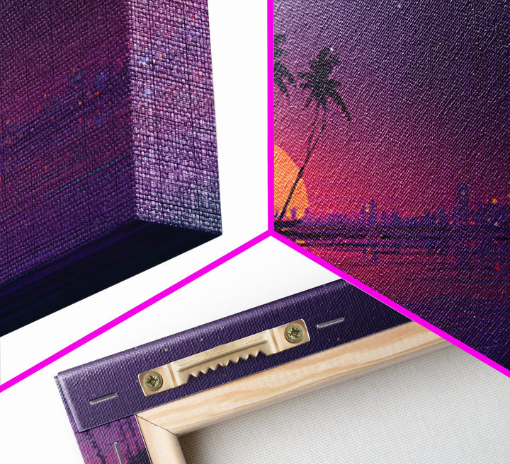Digital Retro Sunset Beach Scene With Palm Trees Silhouettes Vibrant Coastal Wall Art Modern Wall Art Canvas Print