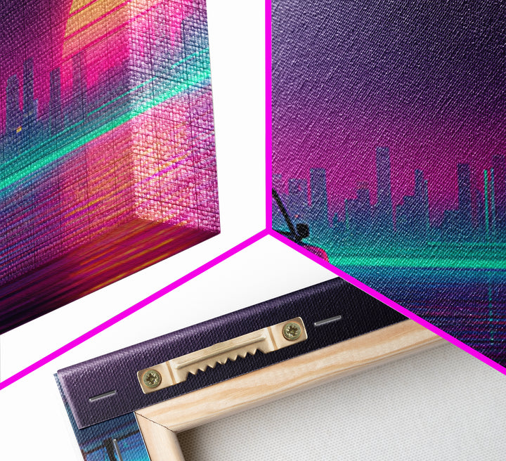 Retro Futuristic Cityscape With Classic Car Neon Colors Digital Art Canvas Print For Living Room Wall Art