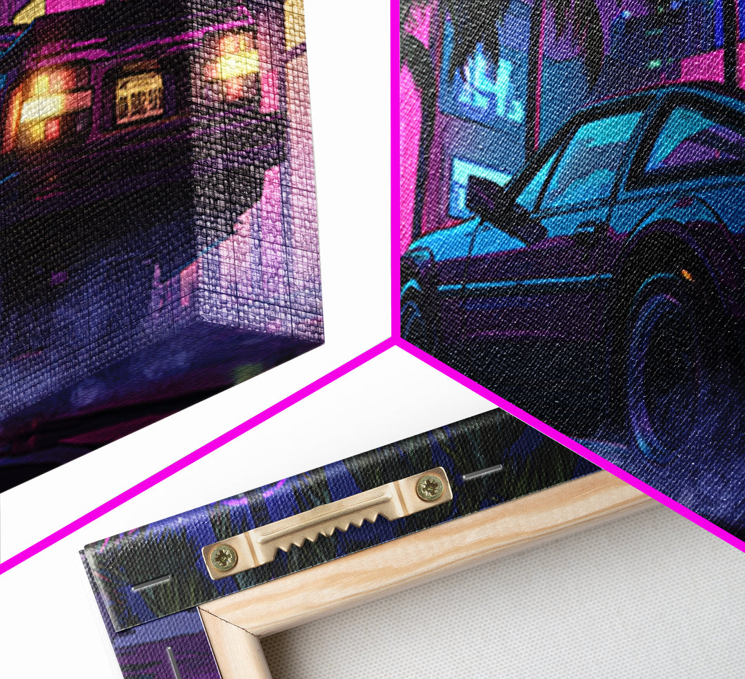 Retro Futurism DeLorean Car In Neon Cityscape Night Urban Wall Art Modern Canvas Print For Office Decor