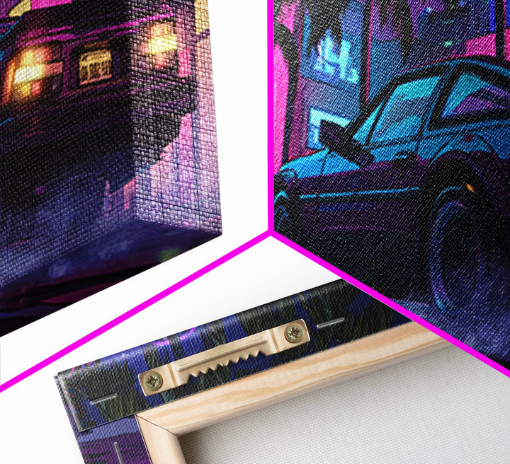 Retro Futurism DeLorean Car In Neon Cityscape Night Urban Wall Art Modern Canvas Print For Office Decor