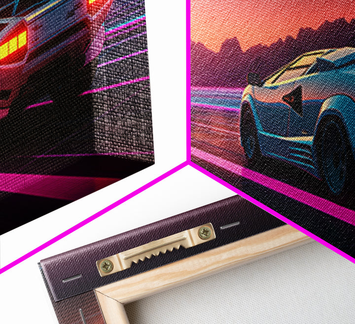 Retro Futuristic Sunset With Sports Car Driving Down Neon Highway Wall Art Print Modern Home Decor Canvas