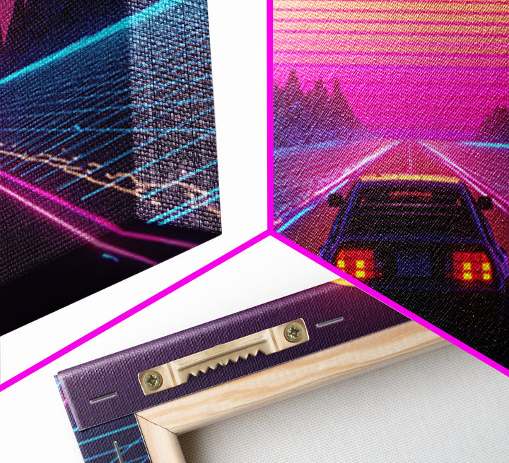 Retro Futuristic DeLorean Car Driving Toward Neon Digital Sun Synthwave Landscape Canvas Print Modern Wall Art For Office Decor