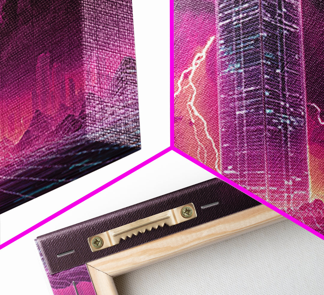 Vibrant Cyberpunk Neon Cityscape With Lightning Night Sky Retro Futuristic Wall Art High Quality Canvas Print