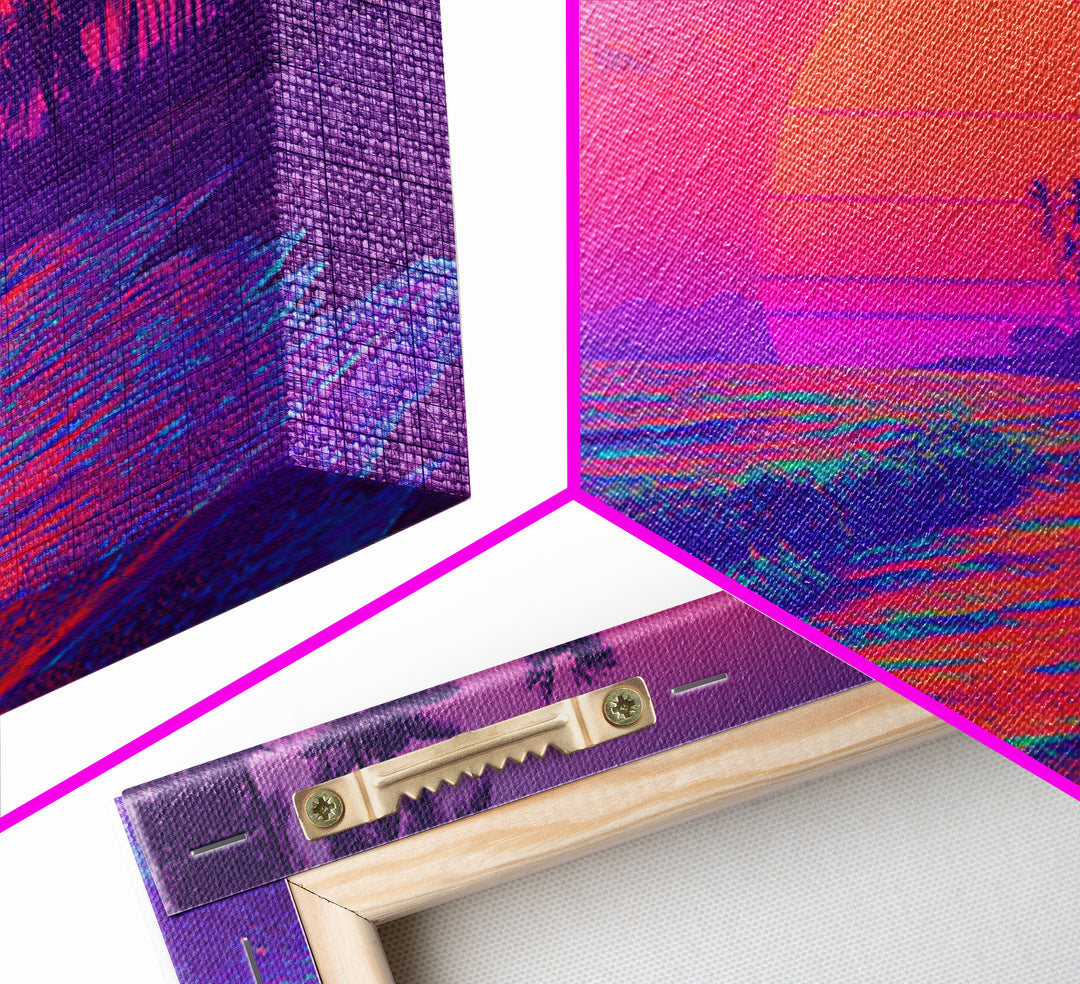 Vibrant Neon Sunset Beach Scene Wall Art With Palm Trees And Pink Purple Sky Canvas Print For Tropical Home Decor