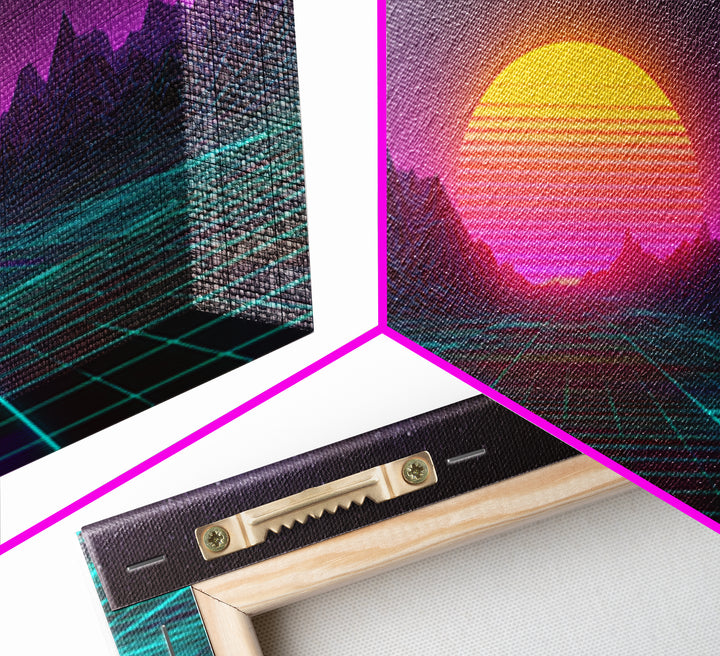 Retro Futuristic Neon Sunrise Over Wireframe Mountain Landscape Digital Artwork Canvas Print Wall Art for Modern Room Decor