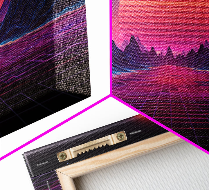 Retro Futuristic Synthwave Landscape With Neon Sun Canvas Print Wall Art For Modern Aesthetic Decor