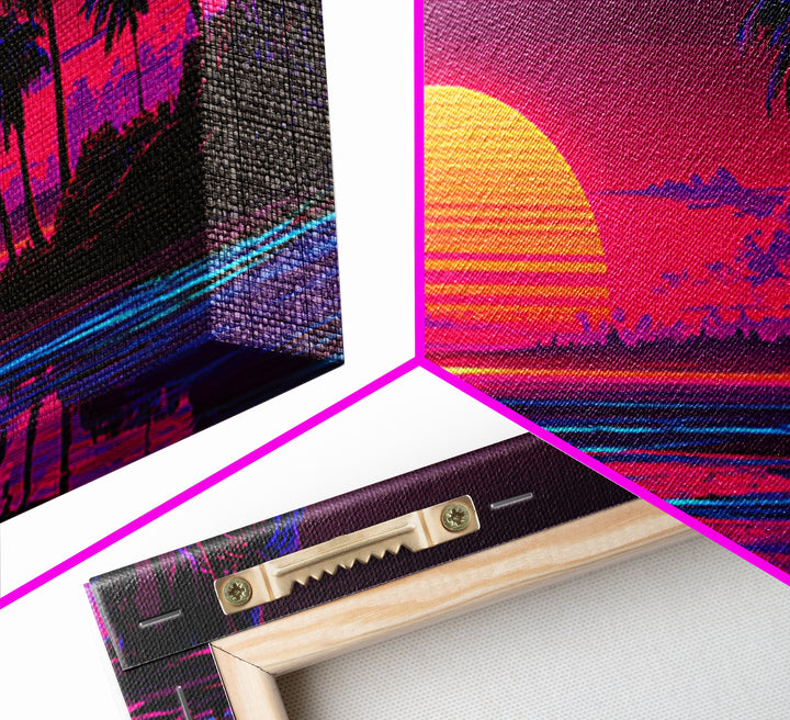 80s Retro Sunset Over Tropical Beach With Palm Trees Vibrant Neon Colors Canvas Print Framed Wall Art Large Wall Art For Living Room