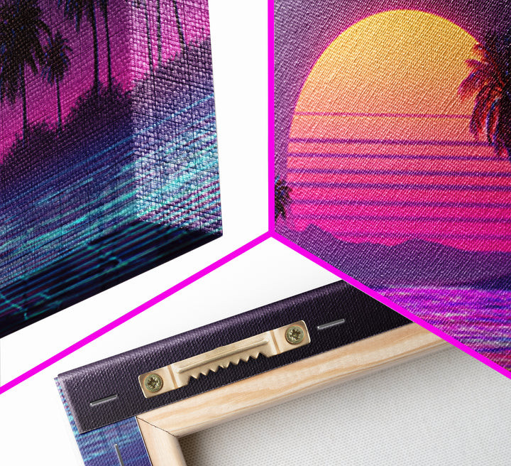 Retro Sunset Beach Scene With Palm Trees And Reflective Water Canvas Print Vibrant Coastal Wall Art
