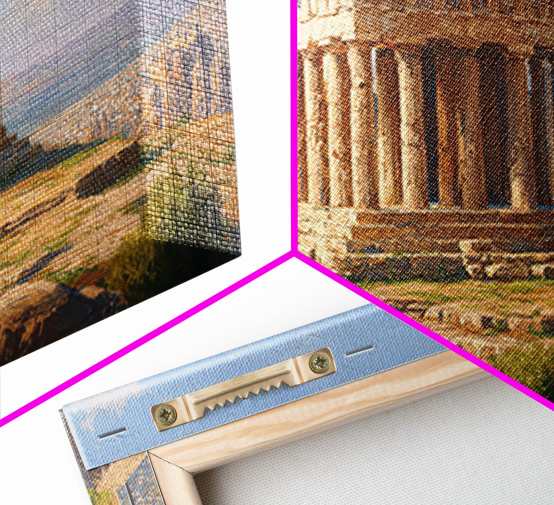 Sunlit Greek Temple Parthenon Wall Art, Ancient Architecture Painting, Mediterranean Landscape, Classic Home Decor Print