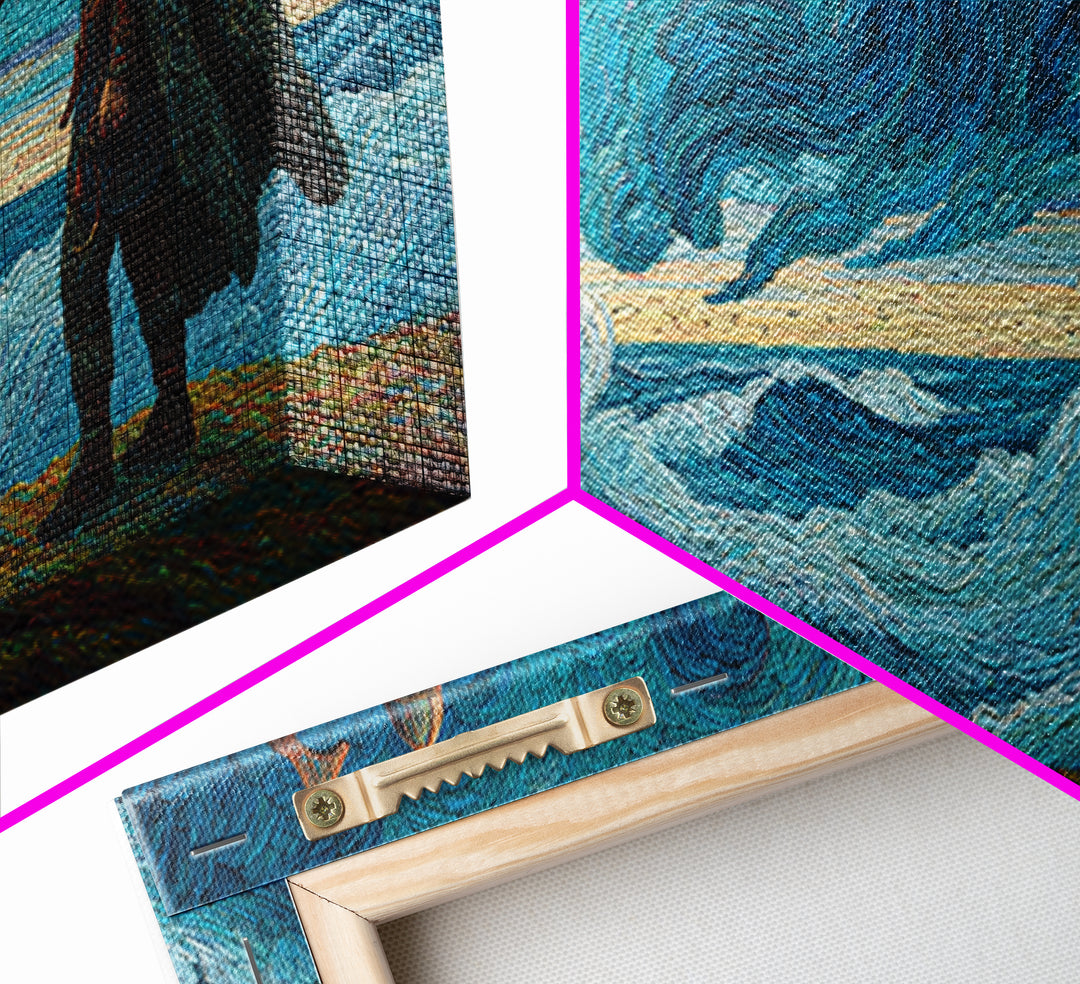 Viking Warrior Facing Blue Storm Waves Wall Art, Nautical Art, Fantasy Art, Textured Wall Art, Ocean Wall Art, Coastal Decor
