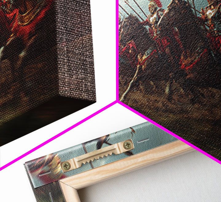Ancient Cavalry Charge Across Battlefield Wall Art, Horse Racing Battle Canvas Print, Greek Warrior Decor, Dramatic History Poster